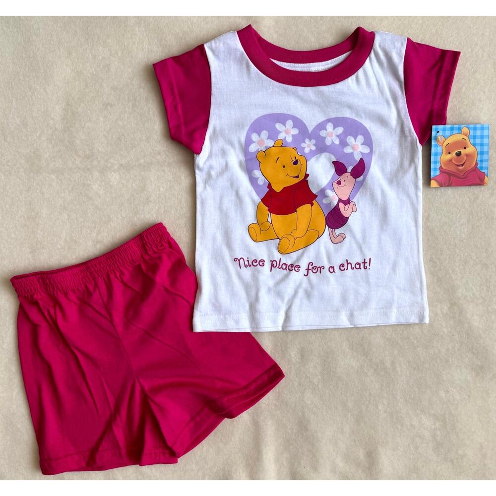 Vintage 90s Disney Pooh Shorts Set Girls Size 3T Nice Place For A Chat Piglet